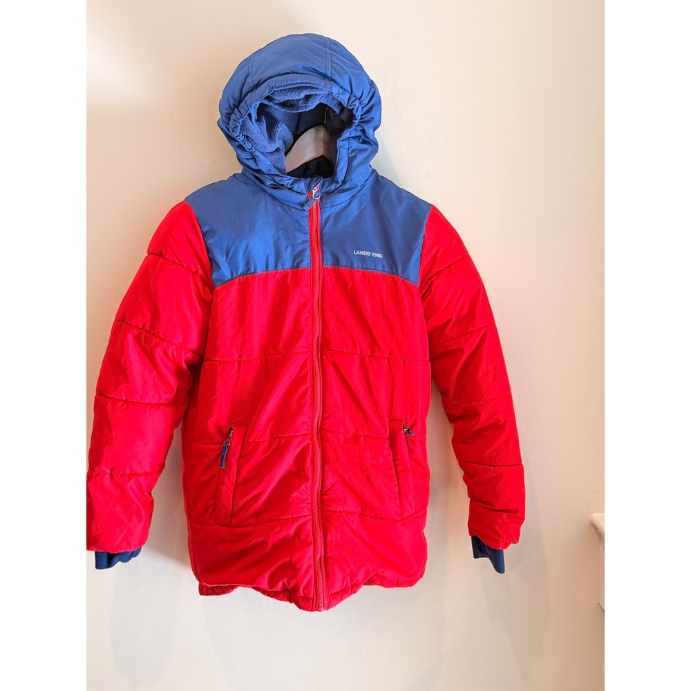 Lands End Boys Red Navy Colorblock Puffer Jacket Hooded Winter Coat XL 18-20